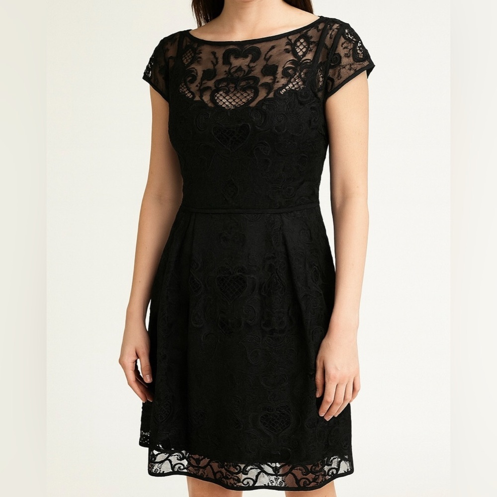 Nanette Lepore Black Lace Dress Sheer Yoke Cap Sleeve Size 12 EUC